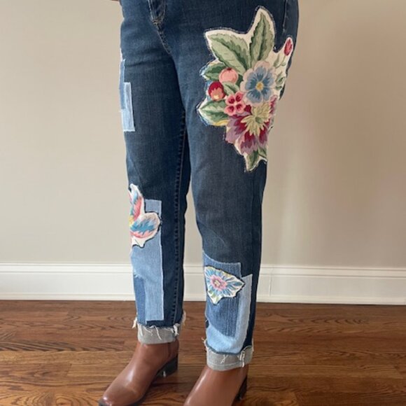 Upcycled, Reworked Applique Floral & Denim Patches, Talbot Jeans, SZ 12 Petite. - Picture 2 of 12